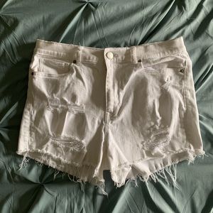 Express high waisted, destroyed white jean shorts